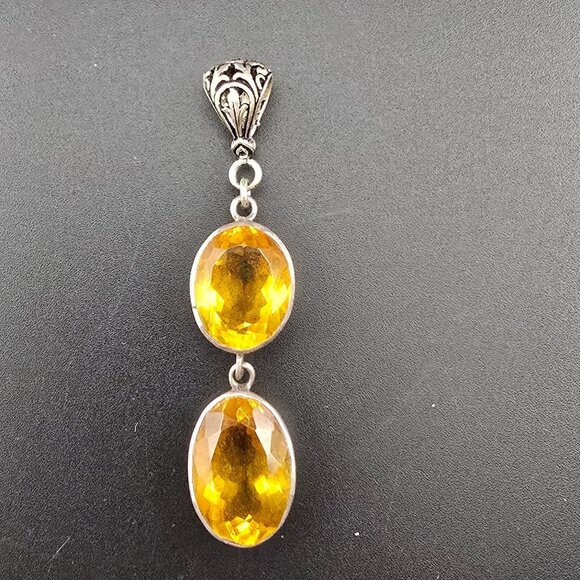 Vintage Sterling Silver Pendant With Double Citrine Gemstones 2" Long - Picture 2 of 6